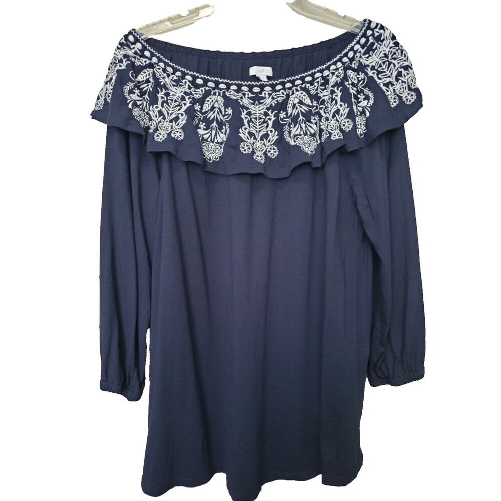 J Jill Navy Off Shoulder Embroidered Knit Top Size Large
